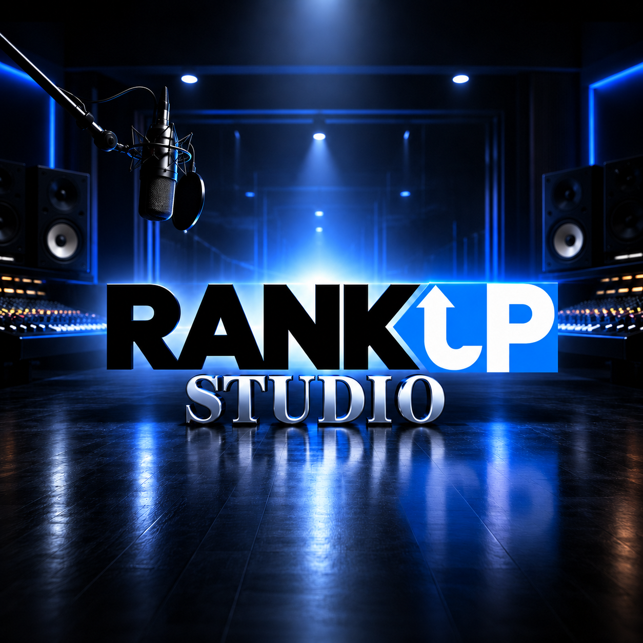 Rank Up Studios — professional recording studio with hanging microphone, monitors, and the RANK UP STUDIOS logo